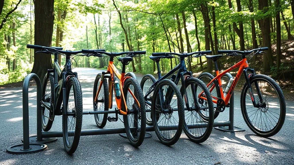 Five hardtail mountain bikes lined up in a steel rack on a paved path at a wooded trailhead in dappled light.