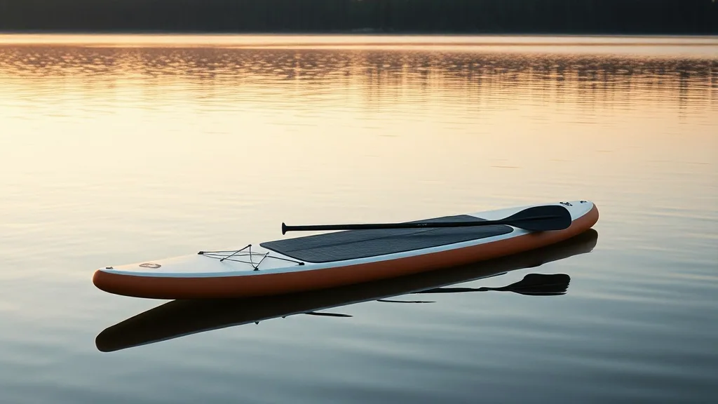 A stand up paddleboard with its paddle laid across it floating on glassy water at sunrise, seen from the shore.