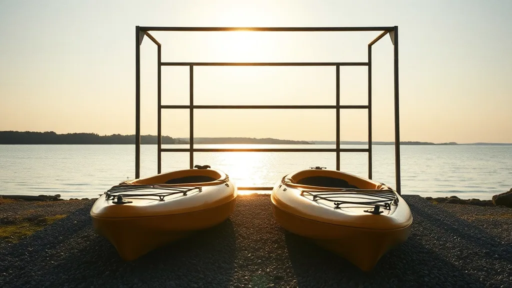 Two sit-on-top kayaks pulled up on a gravel shore in front of an empty steel boat rack, low sun across open lake water behind them.