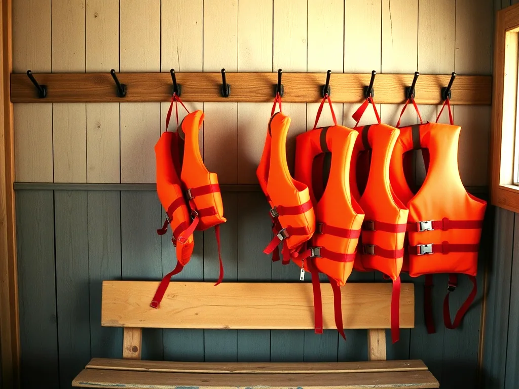 Small orange life jackets hanging on wooden pegs above a plank bench inside a lakeside shed.