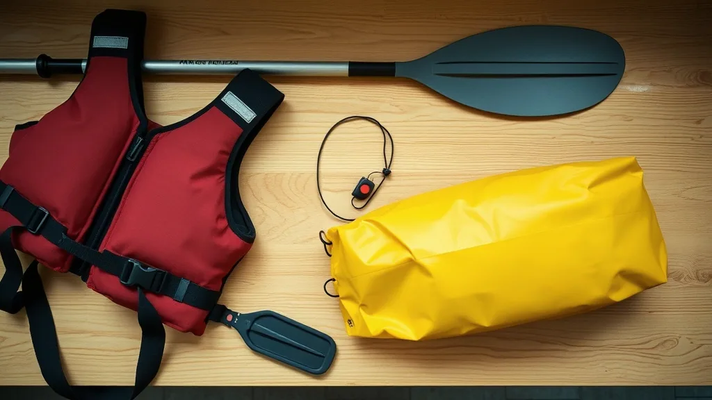 A life jacket, a paddle, a whistle on a cord and a yellow roll top dry bag laid out on a pale wooden counter.