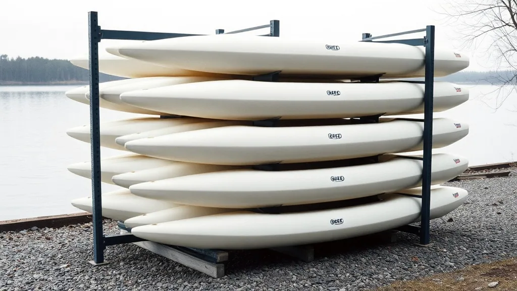 Plain white plastic kayaks stacked hulls outward on a steel storage rack on gravel beside grey lake water.