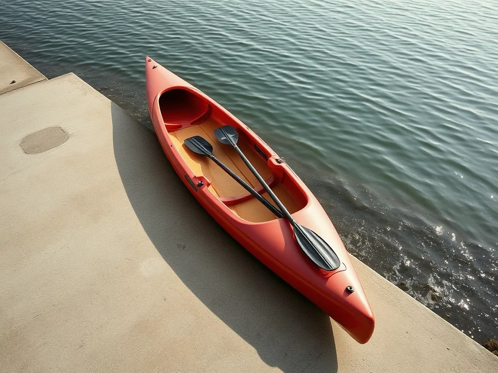 A long red tandem kayak resting on a concrete ramp at the water's edge with two paddles laid across its deck.